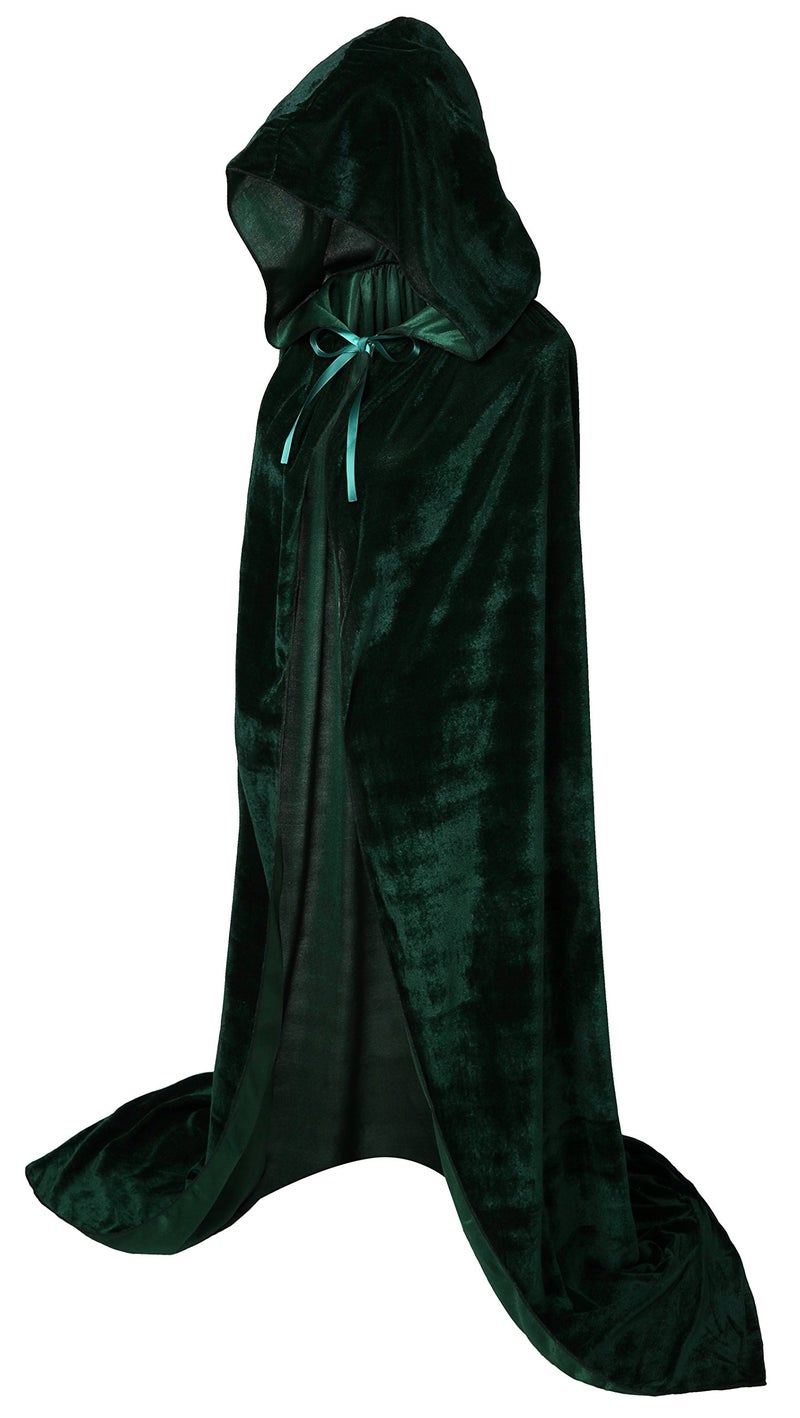 VGLOOK Unisex Adults Hooded Cloak Velvet Cape for Halloween Cosplay Costumes 59 inch Green - Image 1